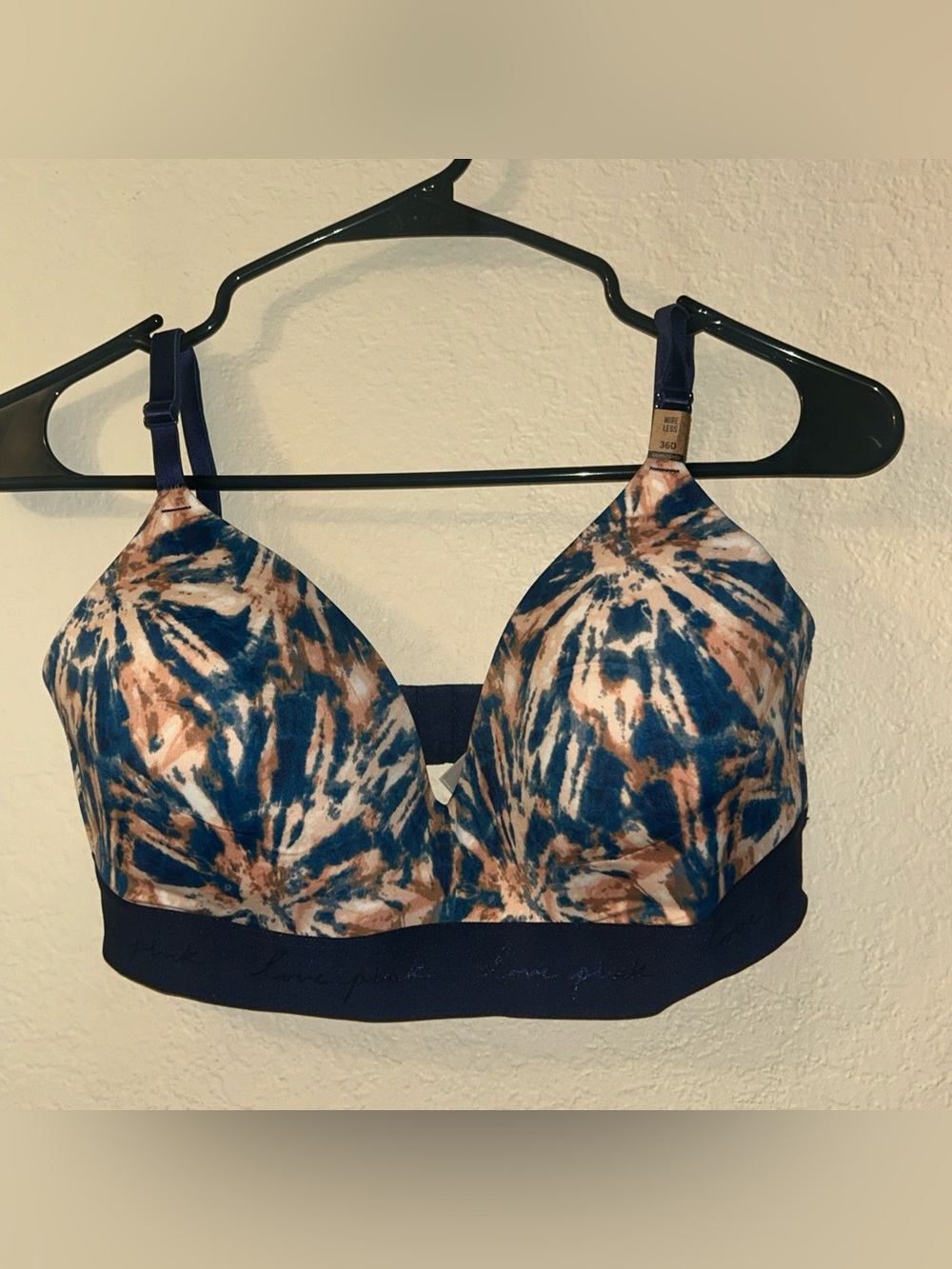 Victoria's Secret PINK Bra Women 36D Blue Brown Abstract Push Up Wear Everywhere